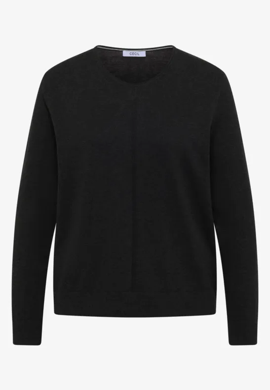 Schwarze, schlichte Strickjacke mit Rundhalsausschnitt und langen Ärmeln.