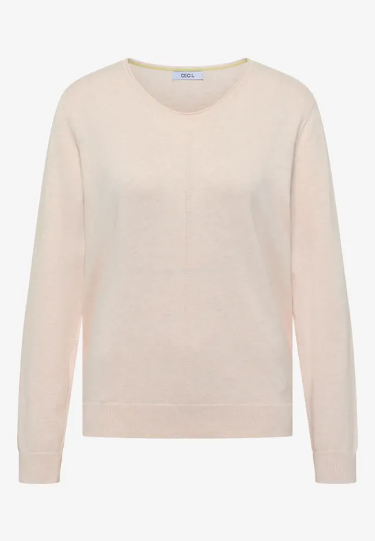 Ein schlichtes, leicht roséfarbenes Strickpullover mit Rundhalsausschnitt und Rippbündchen.