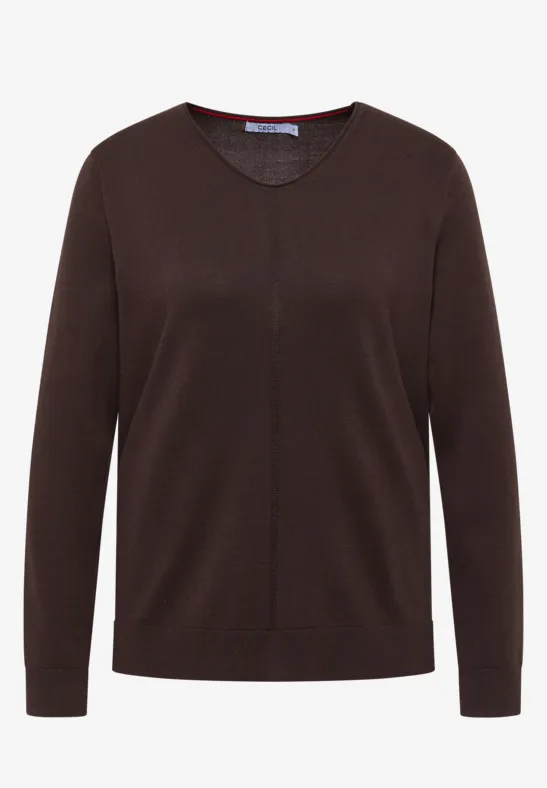 Dunkelbrauner Damenpullover mit V-Ausschnitt und Nahtdetail vorne, langärmelig.