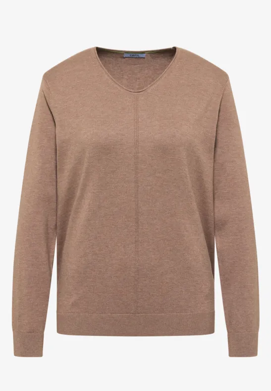 Brauner V-Ausschnitt-Pullover mit langen Ärmeln.