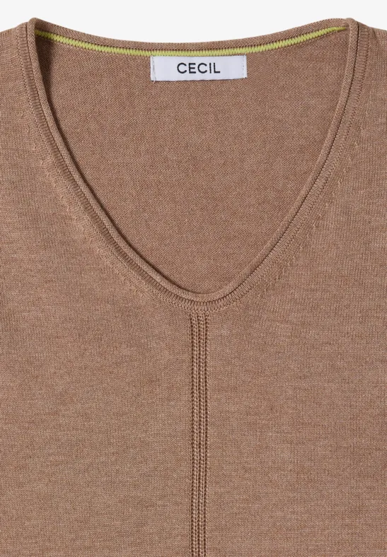 Brauner V-Ausschnitt-Pullover mit feinem Strickmuster und Markenlabel