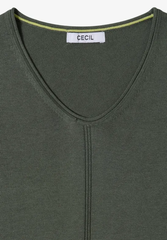 Olivgrünes V-Ausschnitt-Shirt mit mittiger Naht und schlichtem Design.