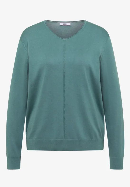Ein schlichtes, grünes V-Ausschnitt-Pullover mit langen Ärmeln.