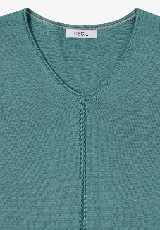Dunkelgrüner V-Ausschnitt-Pullover mit CECIL-Label.