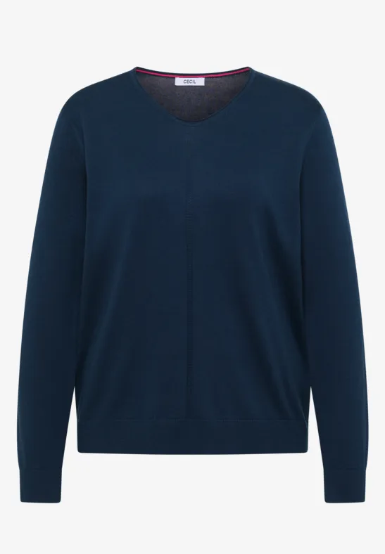 Dunkelblauer V-Ausschnitt-Pullover aus feiner Strickware