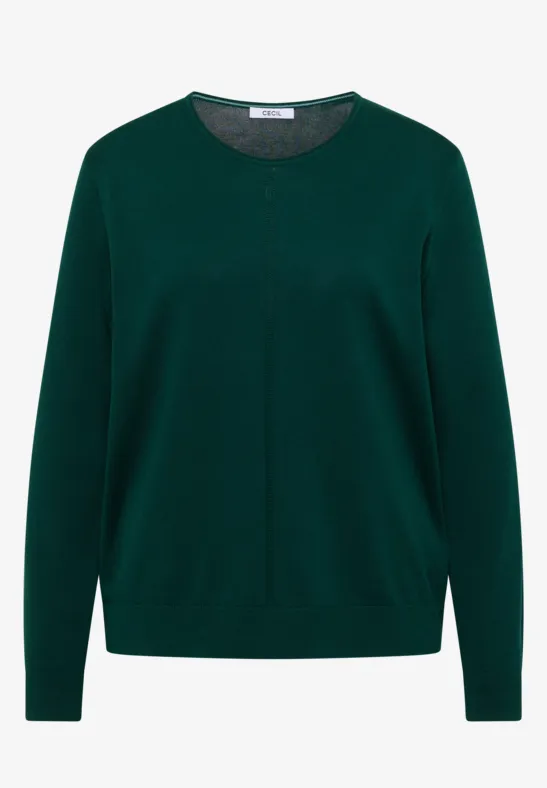 Ein dunkelgrüner Pullover mit Rundhalsausschnitt und langen Ärmeln, schlicht und zeitlos.