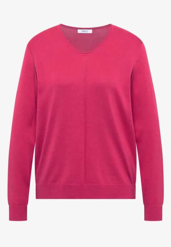 Rosa Damenpullover mit V-Ausschnitt und langen Ärmeln