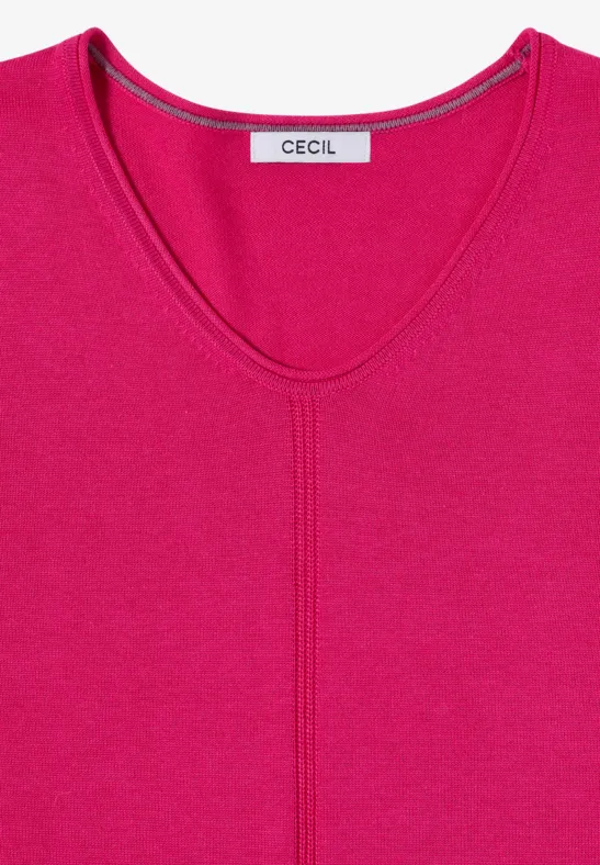Pinkfarbenes, schlichtes Damen-T-Shirt mit V-Ausschnitt und mittiger Naht