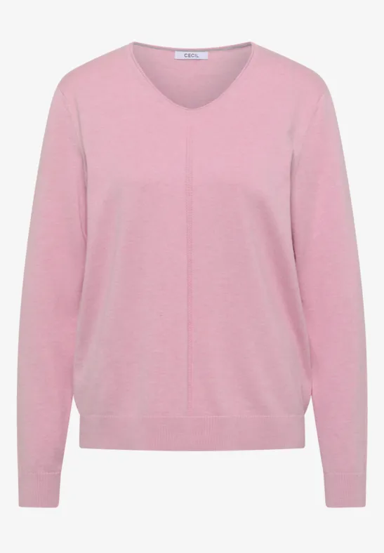 Rosa Feinstrickpullover mit V-Ausschnitt und langen Ärmeln.