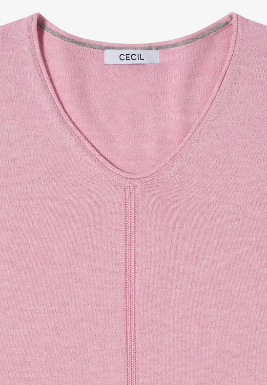 Rosa V-Ausschnitt-Shirt aus weichem Stoff mit mittiger Naht und CECIL-Label am Kragen