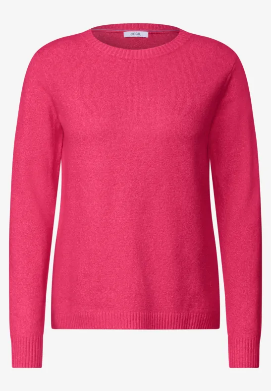 Ein pinker Rundhalspullover aus weichem Material.