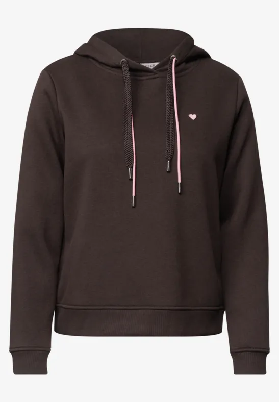 Dunkelbrauner Kapuzenpullover mit kleinem Logo-Emblem und Kordelzügen