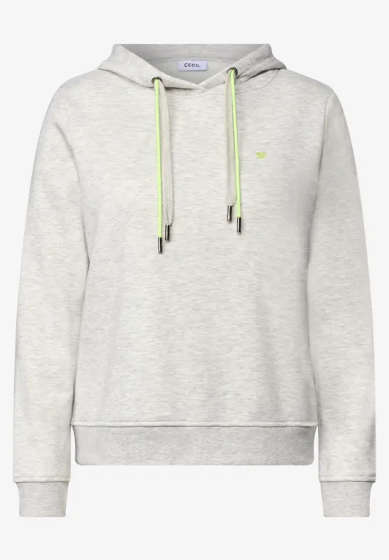 Hellgrauer Kapuzenpullover mit langen Ärmeln und neongrünen Kordeln.