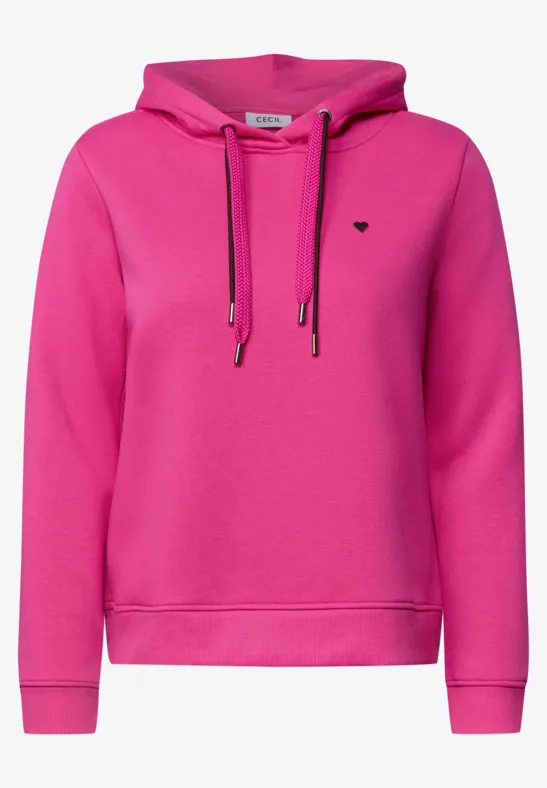 Pinkfarbener Kapuzenpullover mit Kordelzug und kleiner Logo-Applikation auf der Brust.