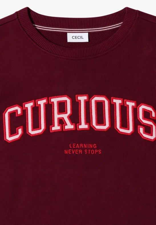 Ein weinrotes Sweatshirt mit großem Aufdruck "CURIOUS" und kleinem Schriftzug "Learning Never Stops"