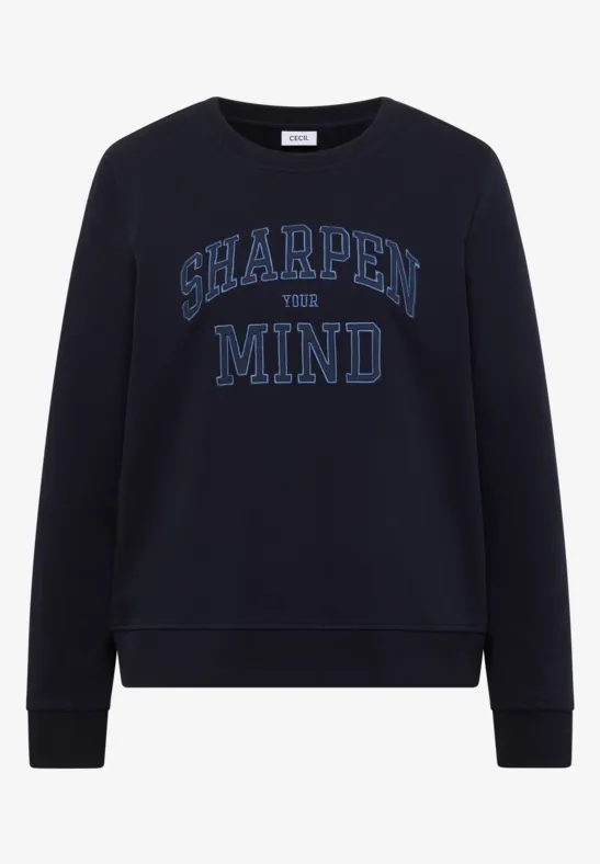 Dunkelblaues Sweatshirt mit Rundhalsausschnitt und Aufdruck 'SHARPEN YOUR MIND' auf der Vorderseite.