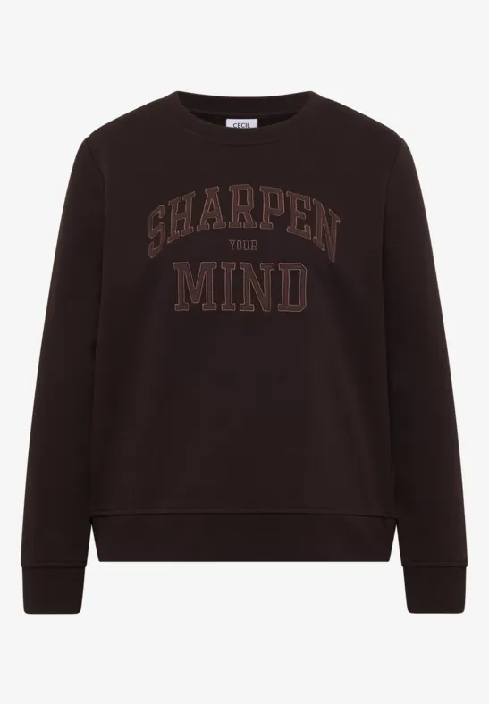 Dunkelbraunes Sweatshirt mit rundem Ausschnitt und aufgedrucktem Schriftzug 'SHARPEN YOUR MIND'.