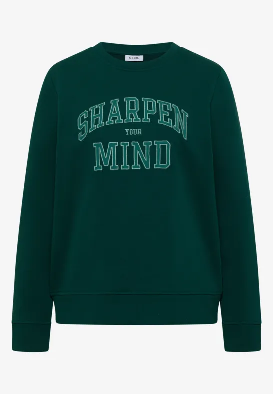 Dunkelgrünes Sweatshirt mit der Aufschrift 'SHARPEN MIND' in Weiß.