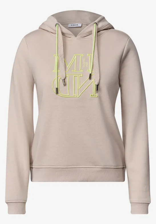 Beiger Hoodie mit neon-gelben Kordeln und spiegelverkehrtem »MIND«-Schriftzug.
