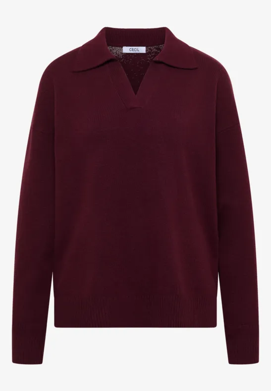 Pull fin bordeaux à col polo et encolure en V, manches longues.