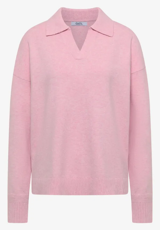 Rosa Pullover mit Hemdkragen und V-Ausschnitt, lange Ärmel