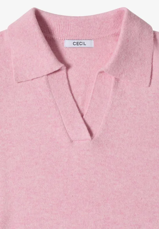 Rosa Strick-Polohemd mit V-Ausschnitt und Kentkragen, Marke CECIL.