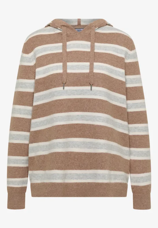Pull à capuche en maille beige à rayures blanches et marron clair