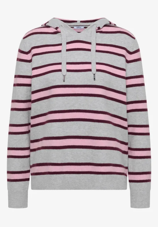 Grauer Kapuzenpullover mit lila und pinken Streifen, langen Ärmeln und Kordelzug.
