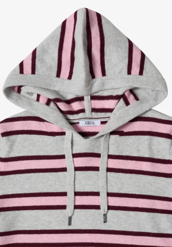 Grauer Hoodie mit Kapuze und gestreiftem Muster aus pinken und burgundroten Streifen.