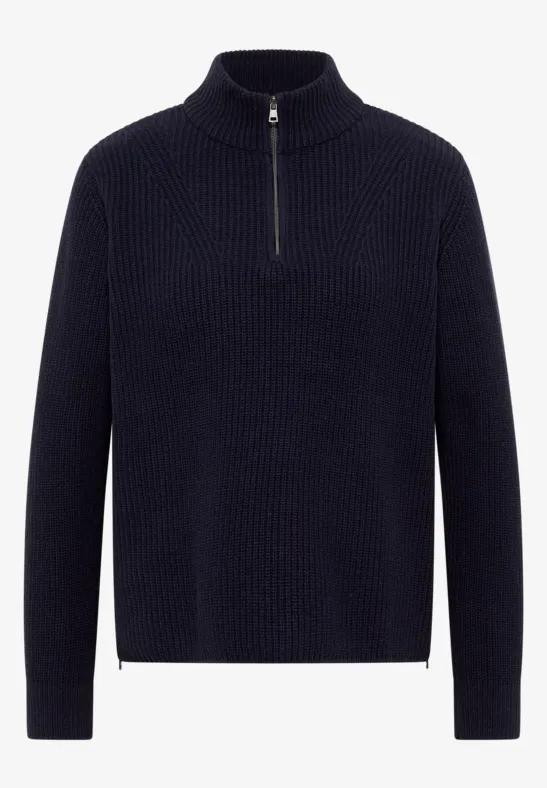 Pull en maille bleu marine à demi-fermeture éclair et texture côtelée.