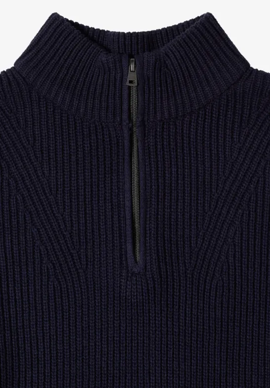 Pull en maille côtelée bleu marine avec col montant et demi-fermeture éclair
