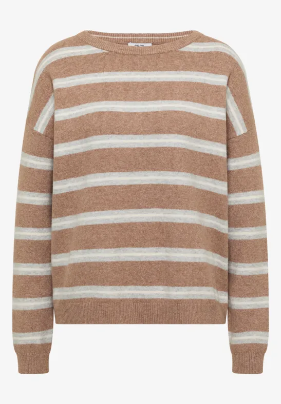 Pull marron clair à rayures blanches horizontales et col rond