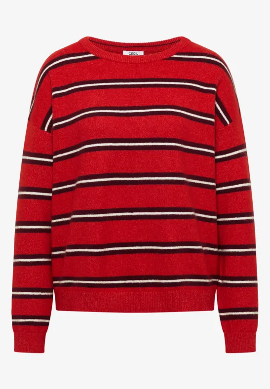 Roter Pullover mit schwarzen und weißen Querstreifen.