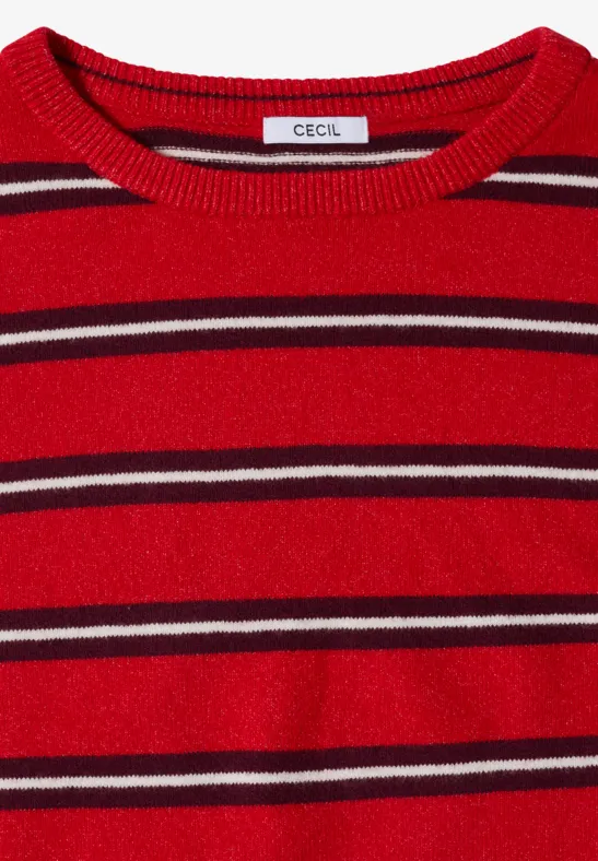 Roter Pullover mit schwarzen und weißen Streifen und Rundhalsausschnitt, Marke CECIL