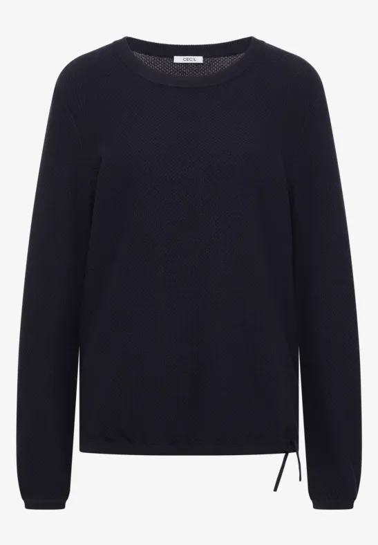 Un pull simple bleu foncé à col rond, manches longues et cordon de serrage latéral.