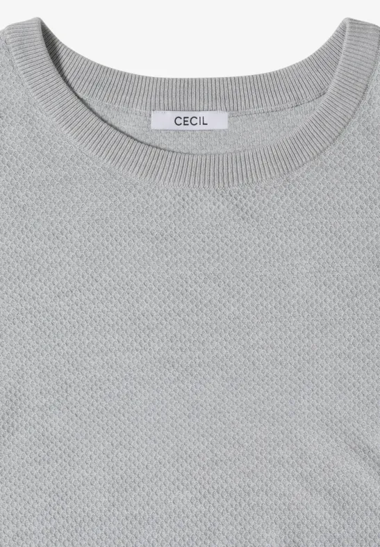T-shirt fin gris clair à col rond pour femme, texture subtile et étiquette CECIL.