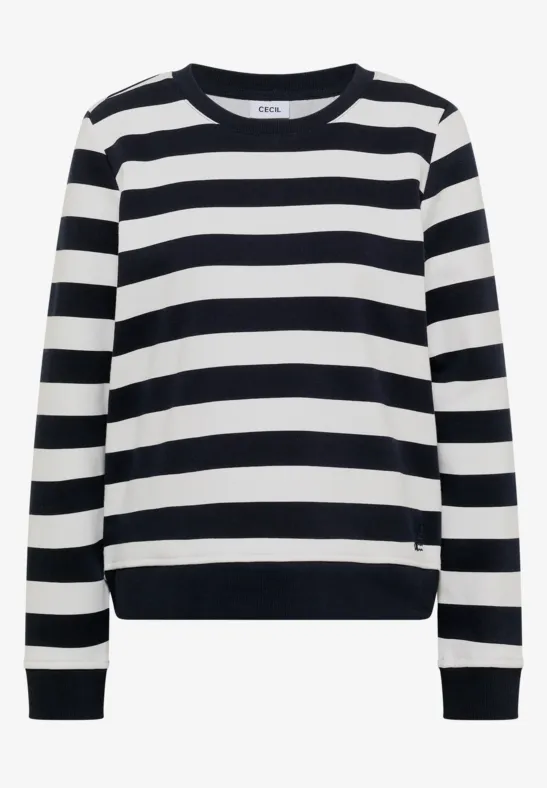 Schwarz-weiß gestreifter Pullover mit Rundhalsausschnitt und langen Ärmeln.