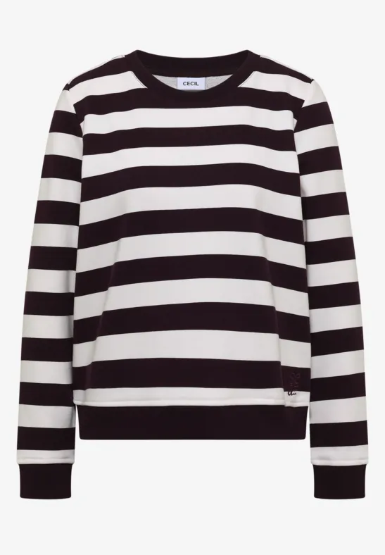 Schwarz-weiß gestreifter Pullover mit langen Ärmeln.