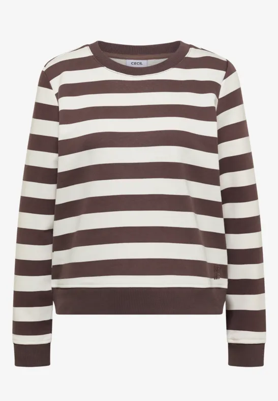 Braun-weißer gestreifter Pullover mit Rundhalsausschnitt und langen Ärmeln.