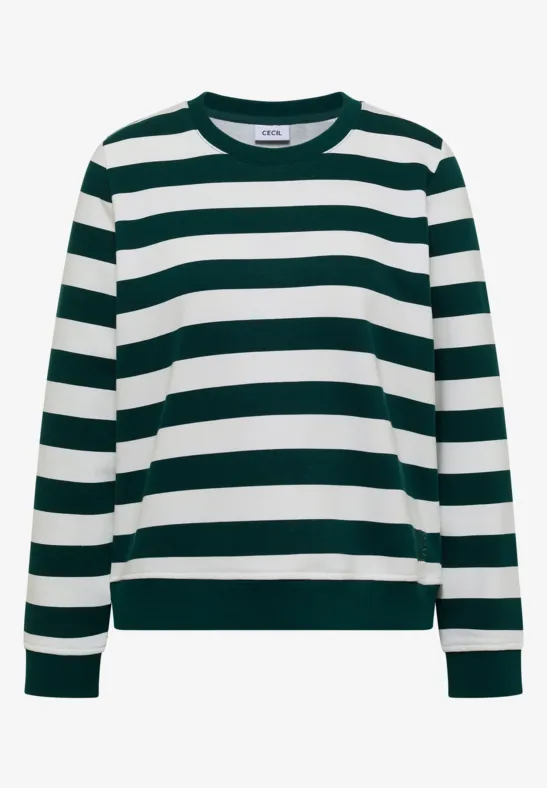 Gestreifter Pullover mit weißen und dunkelgrünen Streifen, Rundhals und langen Ärmeln.