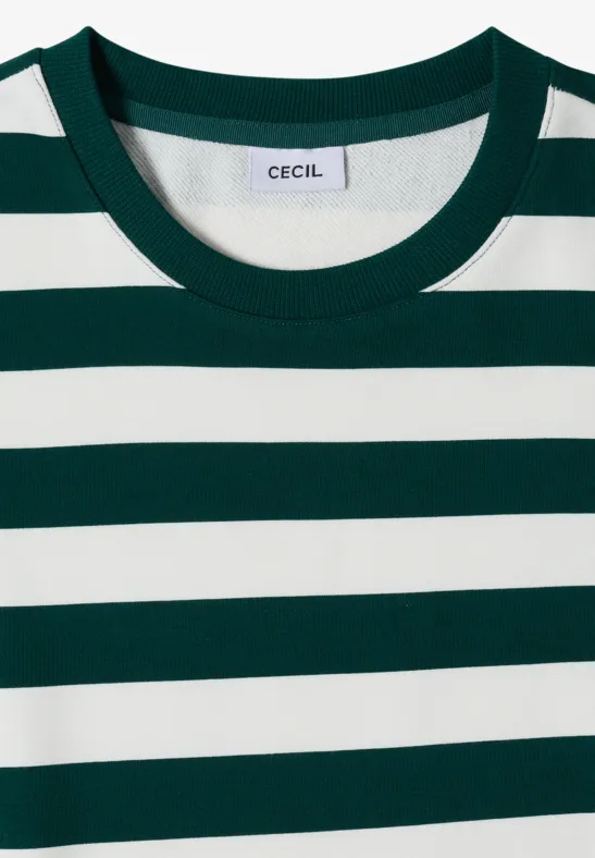 T-Shirt mit breiten dunkelgrünen und weißen Streifen, Rundhalsausschnitt, CECIL-Label.