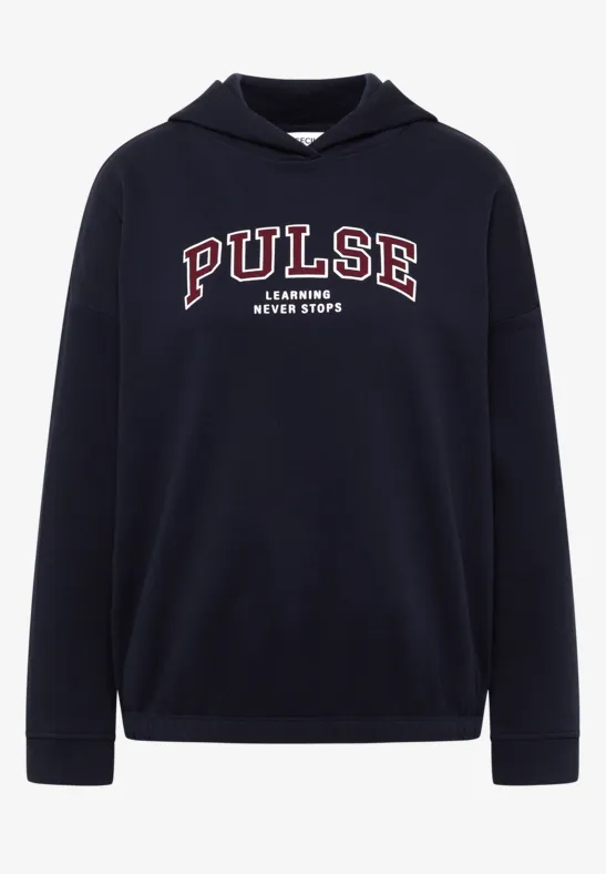 Sweat à capuche bleu marine avec l’inscription 'PULSE LEAGUE NEVER STOP'.