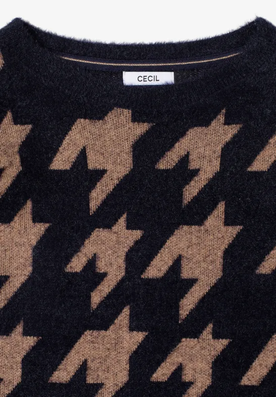 Pull noir à motif pied-de-poule beige, col rond, marque CECIL.