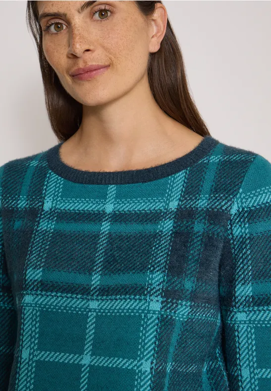 Frau mit dunklem Haar und Sommersprossen trägt einen karierten Teal-Schwarz-Pullover mit Rundhalsausschnitt.