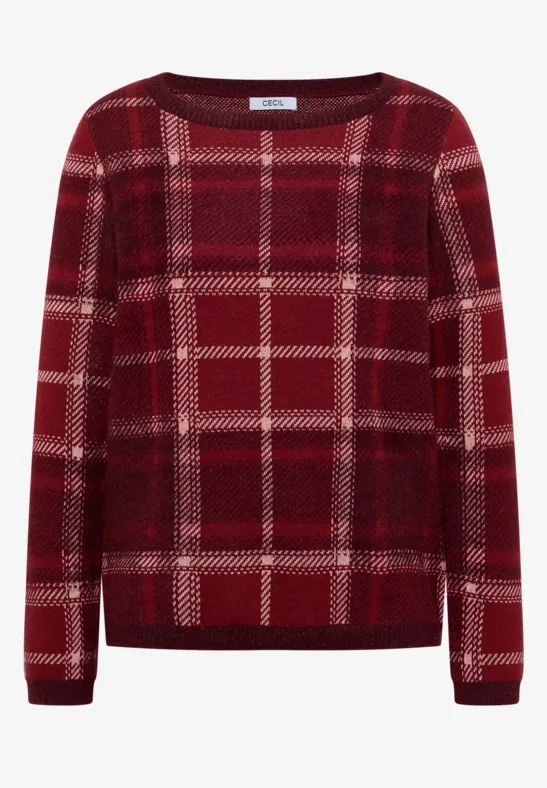 Roter Pullover mit kariertem Muster und Rundhalsausschnitt