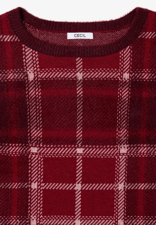 Dunkelroter, karierter Strickpullover mit Rundhals und weißem CECIL-Label.