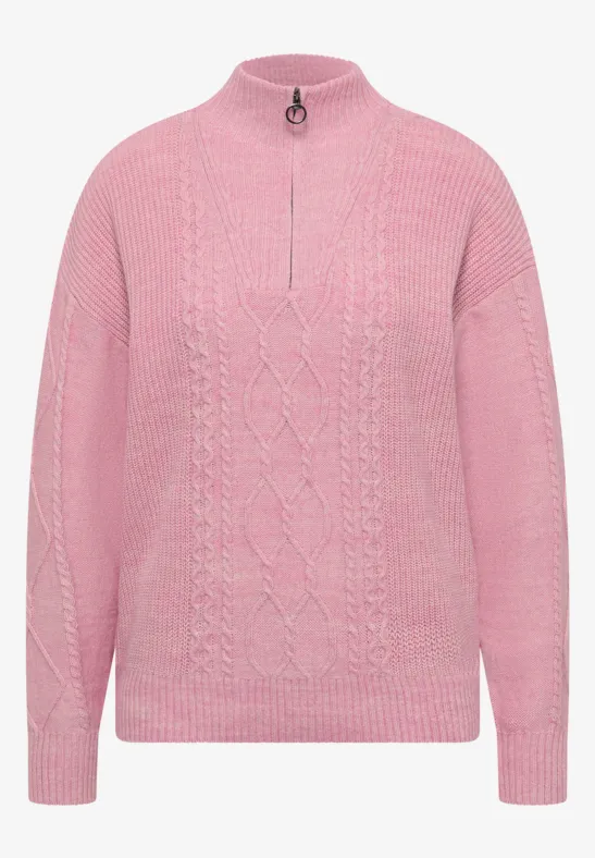 Pull en maille rose à col montant et motif torsadé