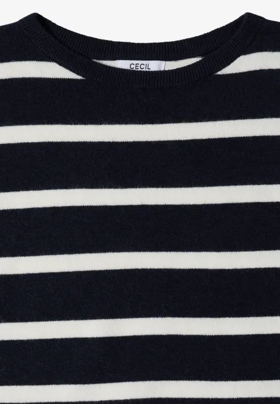 Marineblau-weiß gestreifter Pullover mit rundem Halsausschnitt und CECIL-Label.