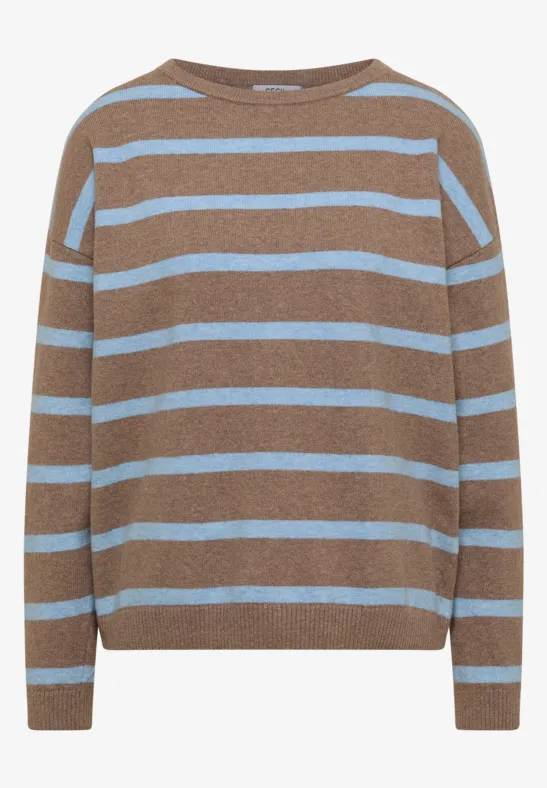 Brauner Pullover mit hellblauen Streifen, Rundhalsausschnitt und langen Ärmeln.