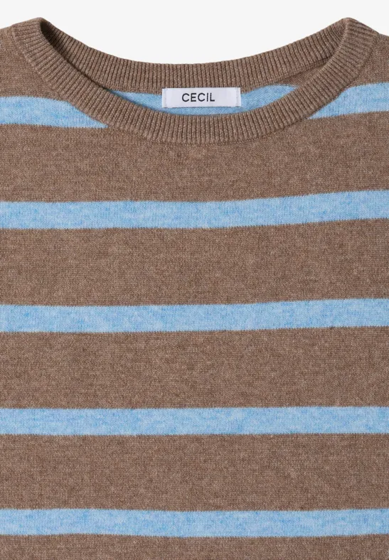 Brauner Pullover mit hellblauen Querstreifen und Rundhalsausschnitt